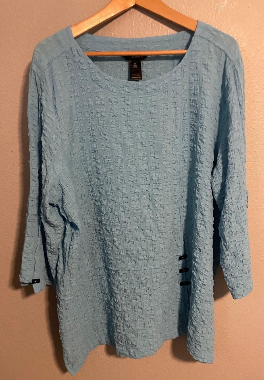 Ali Miles Womens Tunic Top XL Blue Textured Crinkle Knit Scoop Neck Lagenlook